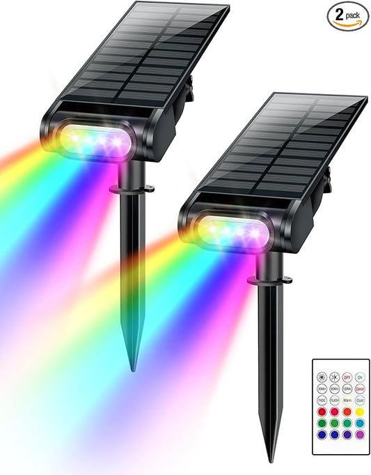 Solar Spot Lights Outdoor, 12 Color Modes Landscape Light Waterproof IP67 with Remote, 2-in-1 Color Changing/Cool/Warm White Solar Lights Outdoor for Yard Trees Garden Pool(Multicolor, 2 Pack) Brthera