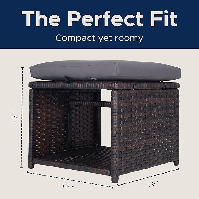 Outdoor Storage Ottoman (Set of 2) - All-Weather Wicker Patio Footstool with Washable Cushions - Sturdy Rattan Foot Rest & Hidden Box for Deck, Porch, Backyard & Balcony Rootora