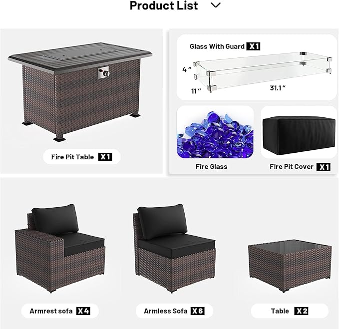 Kullavik 13 Pieces Outdoor Patio Furniture Set with 43" 55000BTU Gas Propane Fire Pit Table PE Wicker Rattan Sectional Sofa Patio Conversation Sets,Black KULLAVIK