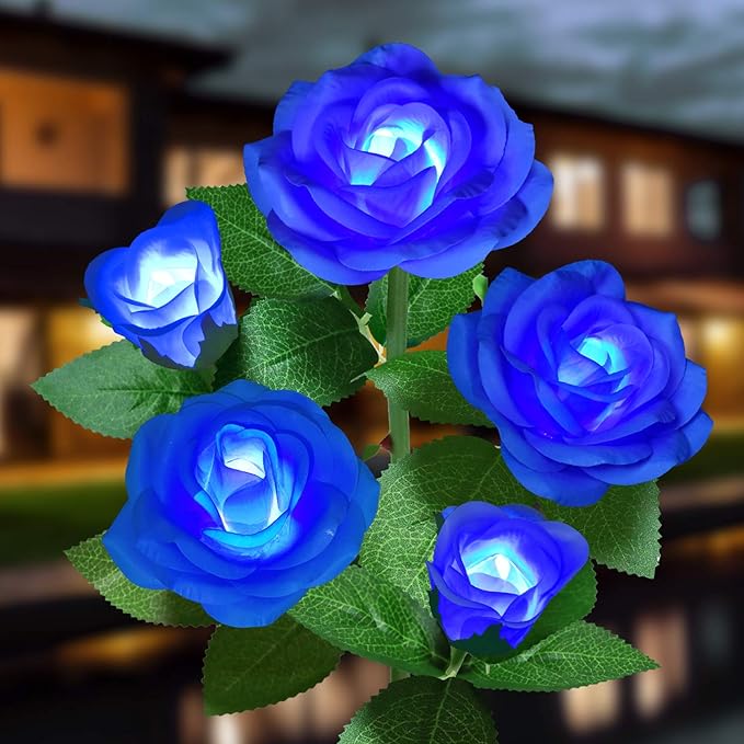 Solar Flower Lights Outdoor - Upgraded New Material Two Modes Realistic LED Solar Powered Waterproof Lights with 5 Roses, Solar Decorative Stake Lights for Garden (Blue, 1 Pack) LightYourLife