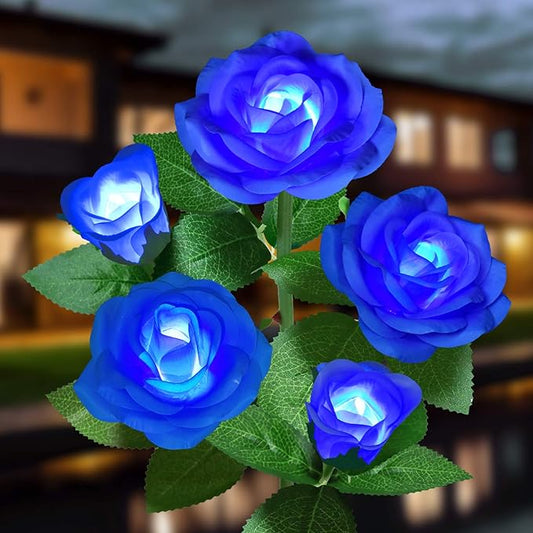 Solar Flower Lights Outdoor - Upgraded New Material Two Modes Realistic LED Solar Powered Waterproof Lights with 5 Roses, Solar Decorative Stake Lights for Garden (Blue, 1 Pack) LightYourLife