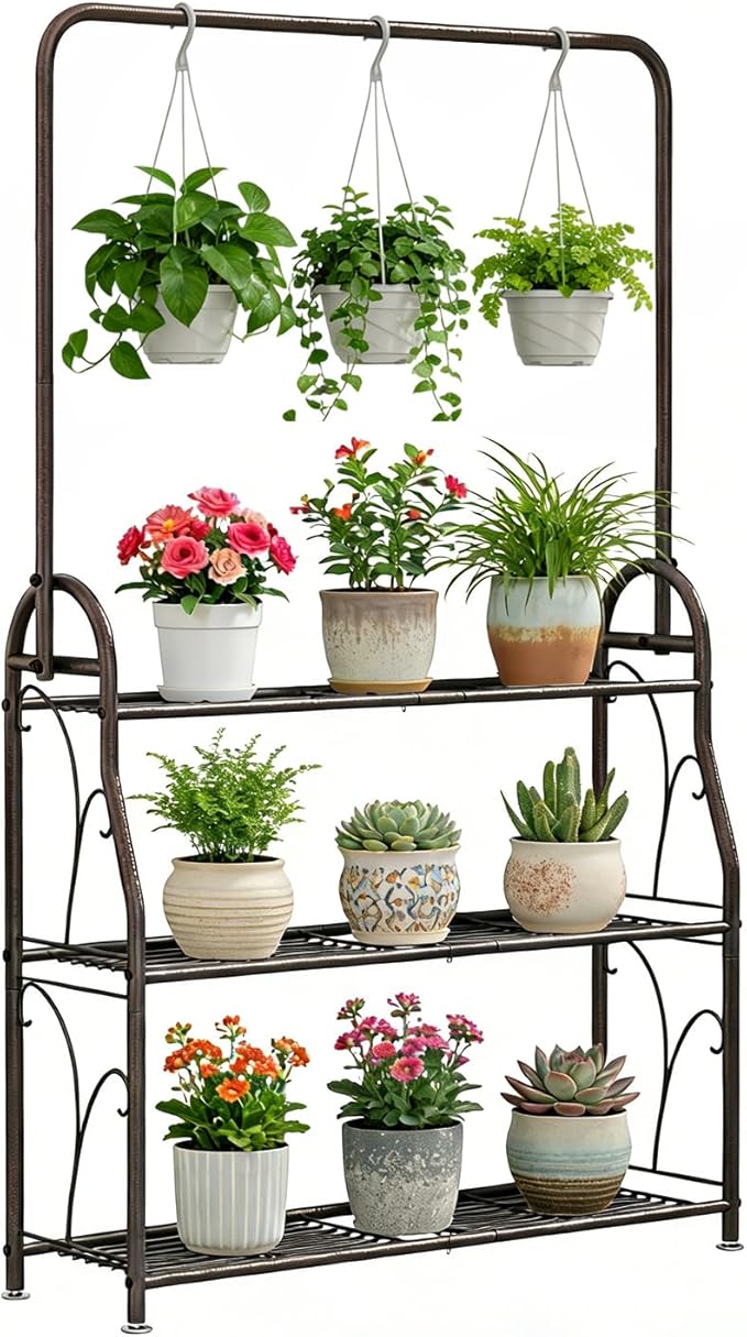 SORCEDAS Plant Stand Indoor Outdoor 3 Tier Tall Corner Hanging Shelf Metal Flower Stands Ladder Holder for Living Room Balcony Garden Patio Multiple Plants, Bronze SpecialYourHome