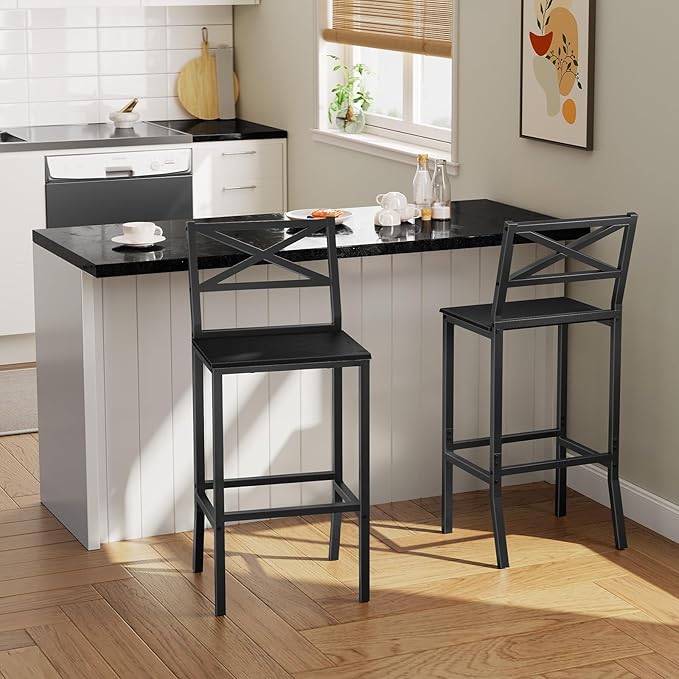 Bar Stools, Set of 2 Bar Chairs with Backrest and Footrest, 26" Tall Counter Bar Stools, Kitchen Breakfast Bar Chairs, Easy Assembly, for Dining Room, Black BAHB0901N1 MAHANCRIS