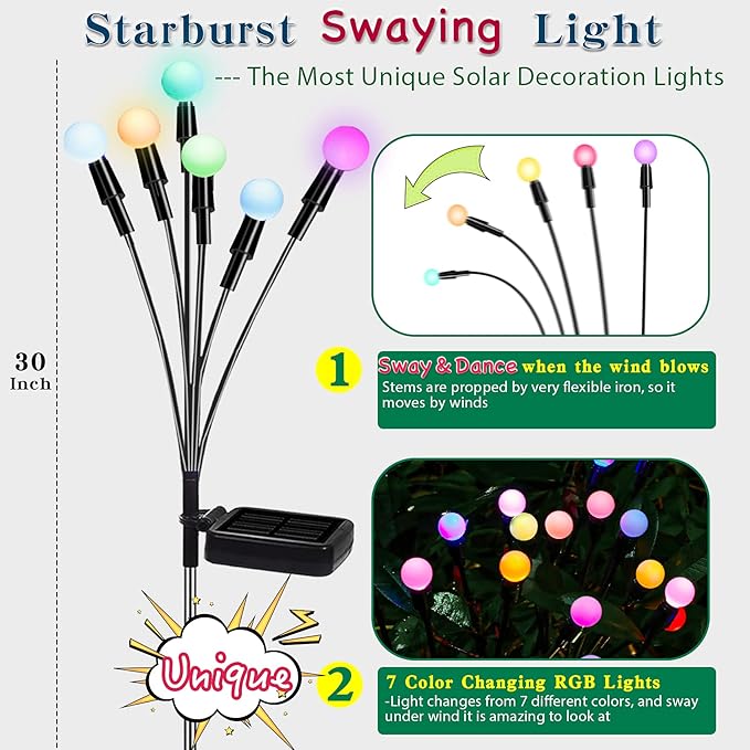 TONULAX Solar Garden Lights, Starburst Swaying When Wind Blows, Solar Lights Outdoor Decorative, Color Changing RGB Light for Yard Patio Pathway Decoration(4 Pack) TONULAX