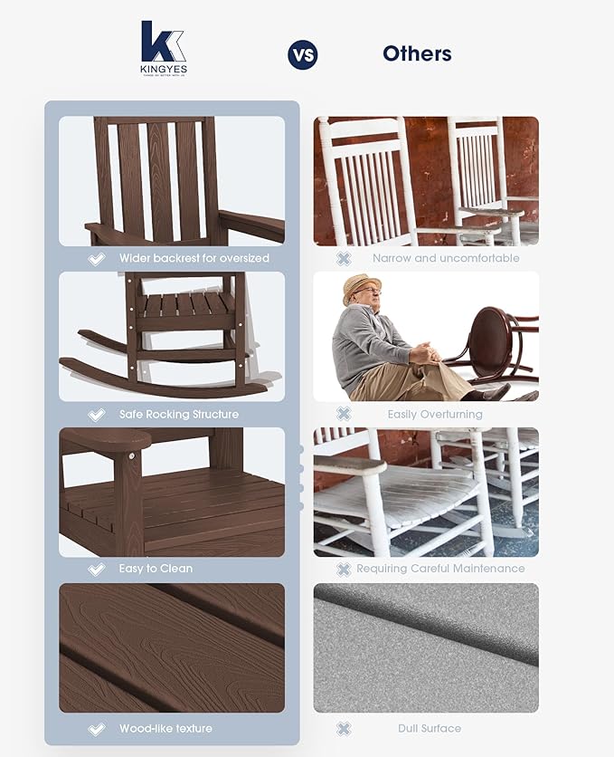 KINGYES Oversized Outdoor Rocking Chair Set of 2, All-Weather Patio Rocking Chairs for Porch, HDPE Outdoor Patio Rockers with High Back & Wide Seat for Garden, Lawn, Coffee KINGYES