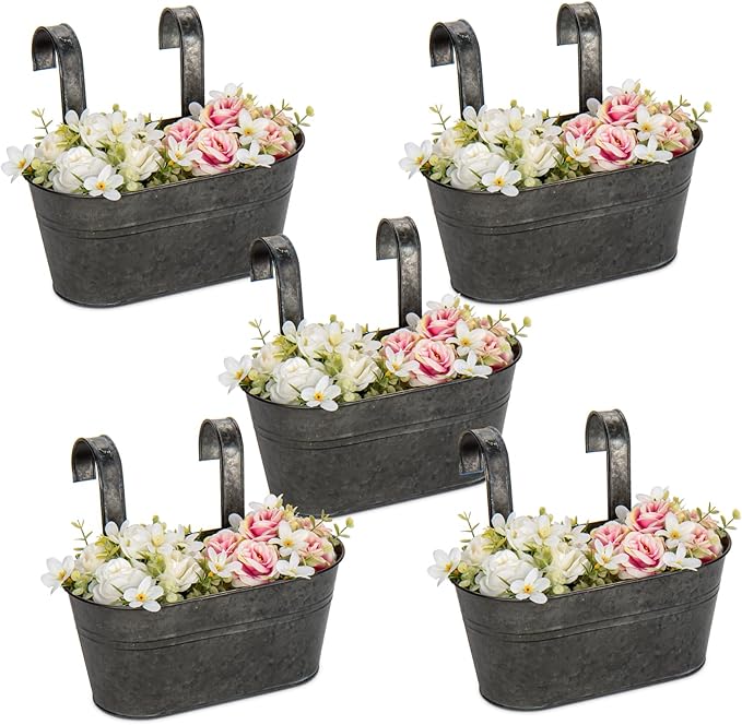Briful 10'' Hanging Planter Outdoor 5PCS Metal Railing Planter for Herb Flower, Oval Galvanized Buckets with Detachable Hooks, Garden Fence Balcony Windowsill Hanging Pot, Black Briful