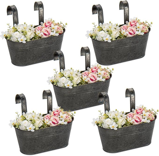 Briful 10'' Hanging Planter Outdoor 5PCS Metal Railing Planter for Herb Flower, Oval Galvanized Buckets with Detachable Hooks, Garden Fence Balcony Windowsill Hanging Pot, Black Briful