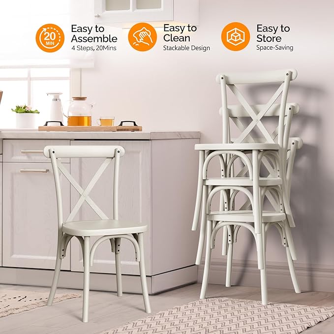 VINGLI Plastic Outdoor Dining Chairs Set of 4, Stackable Patio Cream White Dining Chairs with X Back, Waterproof Kitchen & Dining Room Chairs for Indoor-Outdoor, Capacity 400 lbs VINGLI