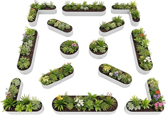 A ANLEOLIFE Set of 14, 18 Inch Tall Raised Garden Beds Kit, Heart-Shaped, Long Oval & Round Metal Planters – Ideal for Creative Garden Layouts, Antique White AAnleolife