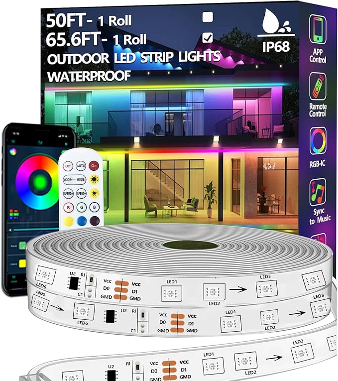 65.6FT Outdoor LED Strip Light Waterproof,IP68 Outside RGB+IC Light Strip with App/Remote Control,Chase Mode,Music Sync Rope Light for Balcony,Deck,Rooftop,Garden,Pool httpsmp