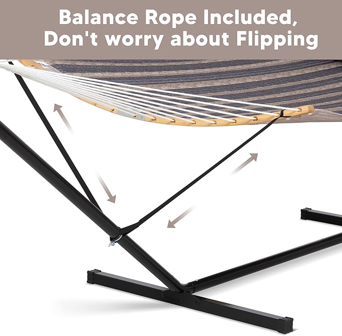 SUNCREAT Hammocks for Outside with Stand Included, Double Hammock with Curved Spreader Bar, Carrying Bag, Gray Stripes SUNCREAT