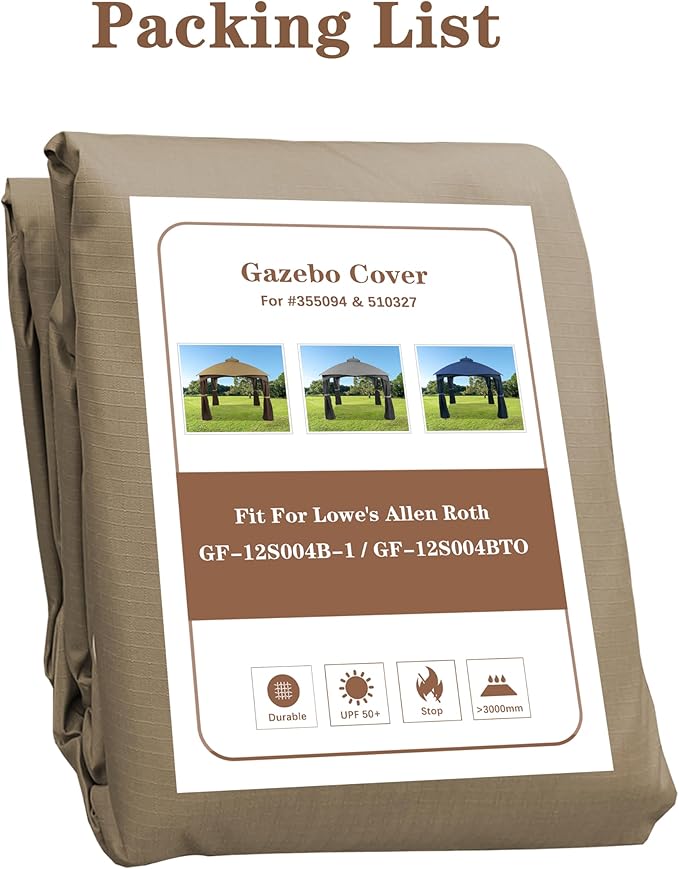 SCOCANOPY Khaki Ripstop Replacement Top for Lowe's Allen Roth 10X12 Gazebo Model #GF-12S004B-1/ GF-12S004BTO SCOCANOPY