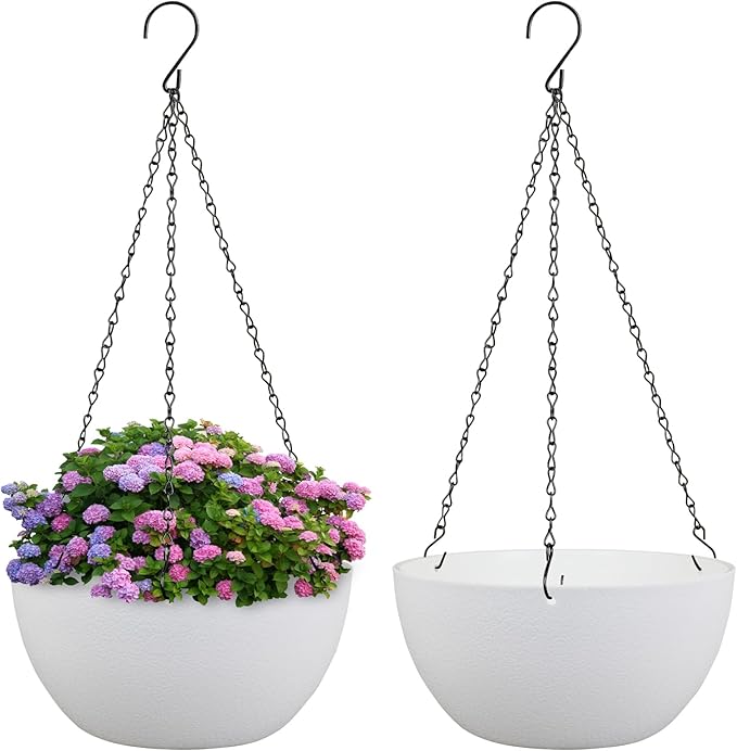 8 inch Small Hanging Planters for Indoor Outdoor Plants, 2 Pack Hanging Flower Pots with Drainage Holes and Chain for Garden Porch, Plastic Hanging Baskets for House Plants, White Meowell