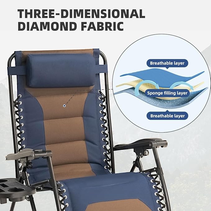 Zero Gravity Chair Oversized Padded Recliner with Adjustable Headrest & Cup Holder - 600D Oxford Folding Lounge Chair for Outdoor Camping, Patio, Poolside (Brown & Blue) Rootora