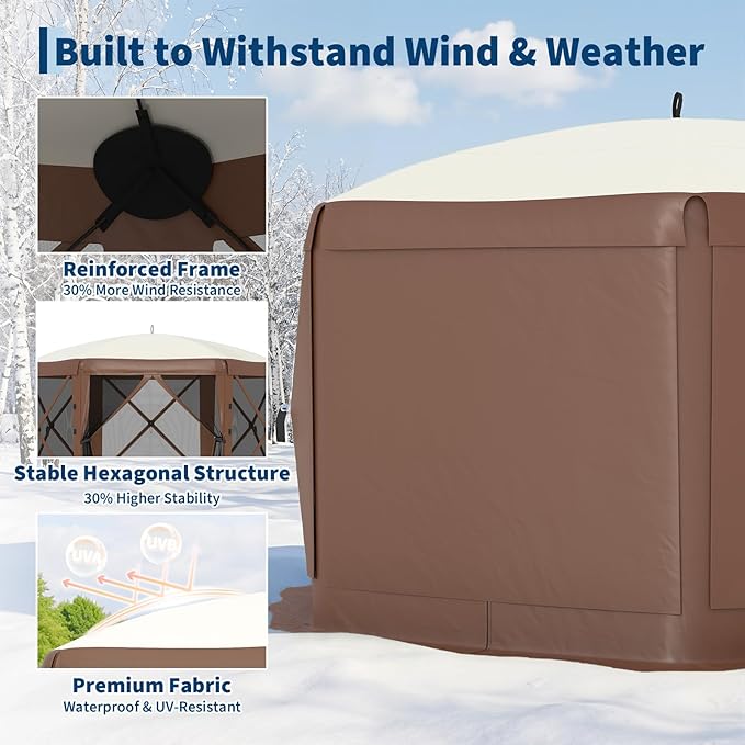 13x13FT 6-Sided Pop Up Gazebo Tent，One-Push Setup Canopy Tent with Removable Canopy Top & Wind Cloths, Outdoor shelter for Camping, Backyard Parties, Outdoor Events - Beige & Khaki GarveeLife