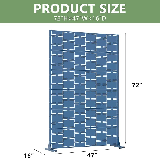 Casaphoria Metal Privacy Screen Outdoor, 72" H x 47" W Freestanding Decorative Privacy Screen for Patio Deck Balcony Garden with Stable Base, Blue-Square Casaphoria