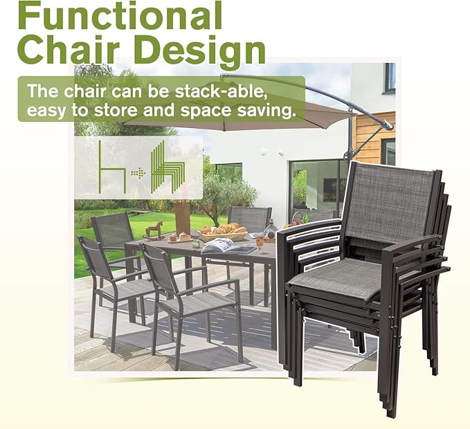 Homall Patio Dining Set 7 Pieces Outdoor Furniture with Large Table and 6 Textilene Chairs for Porch, Poolside, Yard and Garden, Light Grey Homall