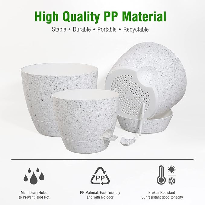 10/9/8 inch Self Watering Pots, Set of 3 Plastic Planters with Mesh Drainage Holes and Deep Reservoir for Indoor Outdoor Garden Plants and Flowers, White Speckles UOUZ