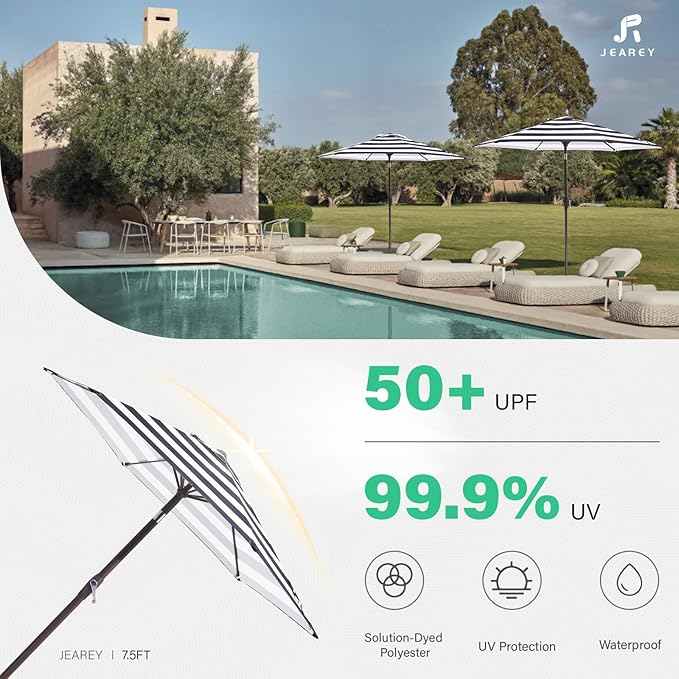 JEAREY 7.5FT Patio Umbrella Outdoor Market Umbrella with 6 Sturdy Ribs, Push Button Tilt/Crank Table Umbrella for Garden, Deck, Backyard and Pool, Black & White Stripe JEAREYOutdoorsCollection