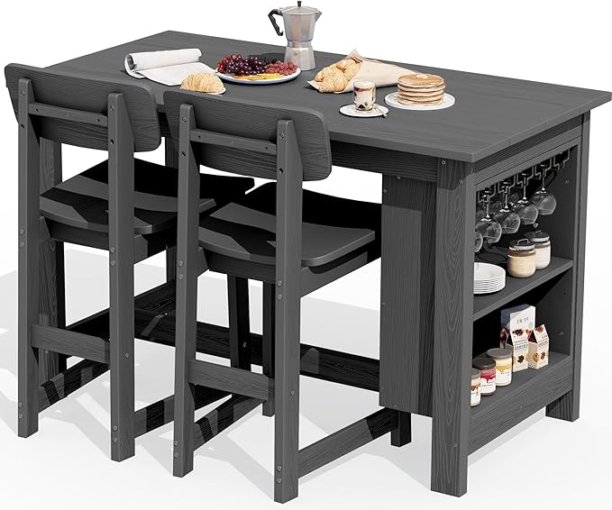 SERWALL 3-Piece Outdoor Counter Height Bar Set, HDPE Patio Bar Table with Wine Rack & Storage Shelf, 2 All-Weather Bar Stools, Patio Bar Dining Furniture Set for 3, Grey SERWALL