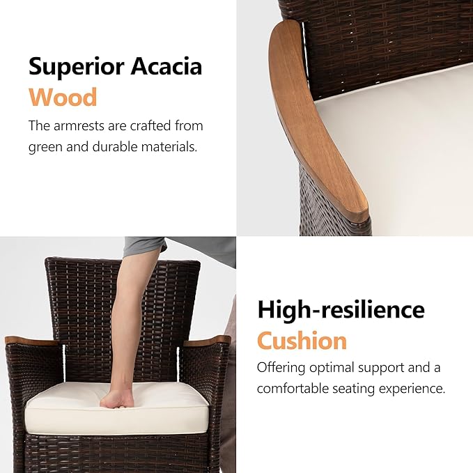 Wisteria Lane Patio Outdoor Table and Chairs Set, Rattan Outdoor Patio Furniture Set with Removable Cushions, Outdoor Patio Dining Sets with Acacia Wood Tabletop for Deck Garden Backyard, Brown WisteriaLane