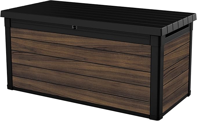 Keter Signature Collection 150 Gallon Resin Deck Box Organization and Storage for Patio Outdoor Cushions, Throw Pillows, Garden Tools and Pool Supplies, Rosewood Keter