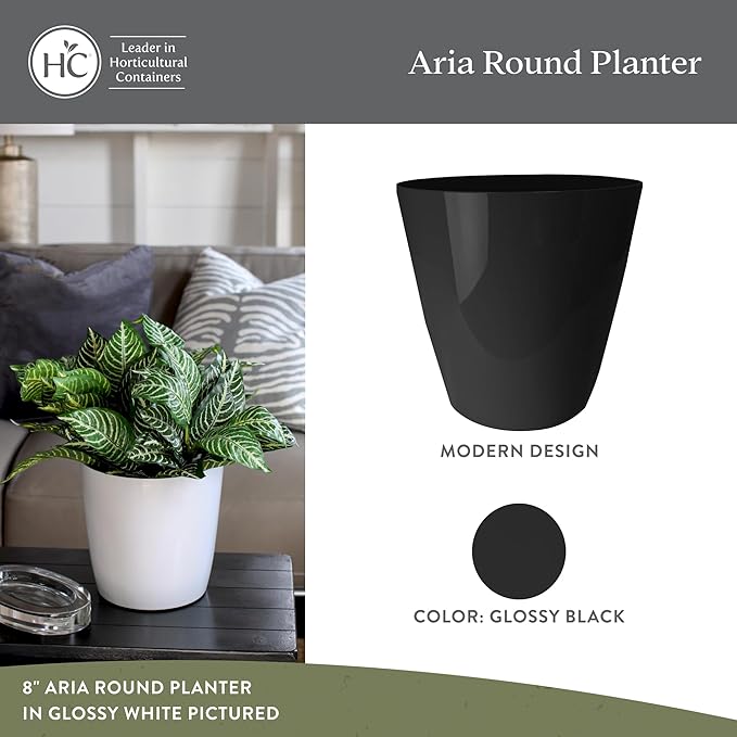 The HC Companies Aria Round Self-Watering Pot - Lightweight Plastic Planter for Herbs & More - Durable Plant Pots for Indoor Plants & Outdoor Plants (10" Glossy Black, Pack of 1) TheHCCompanies