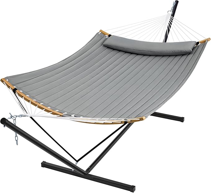 SUPERJARE Hammock with Stand, 2 Person Heavy Duty Hammock Frame, Detachable Pillow & Strong Curved-Bar & Portable Carrying Bag, Perfect for Outdoor & Indoor - Gray SUPERJARE