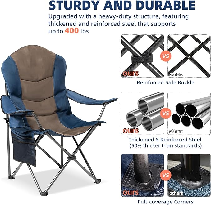 2 Pack Folding Camping Chairs for Adults - High Back Padded Outdoor Lawn Chairs with Lumbar Support & Cup Holder, 400lbs Heavy Duty Portable Camping Chairs Set (Blue & Brown, 2 PCS) Rootora