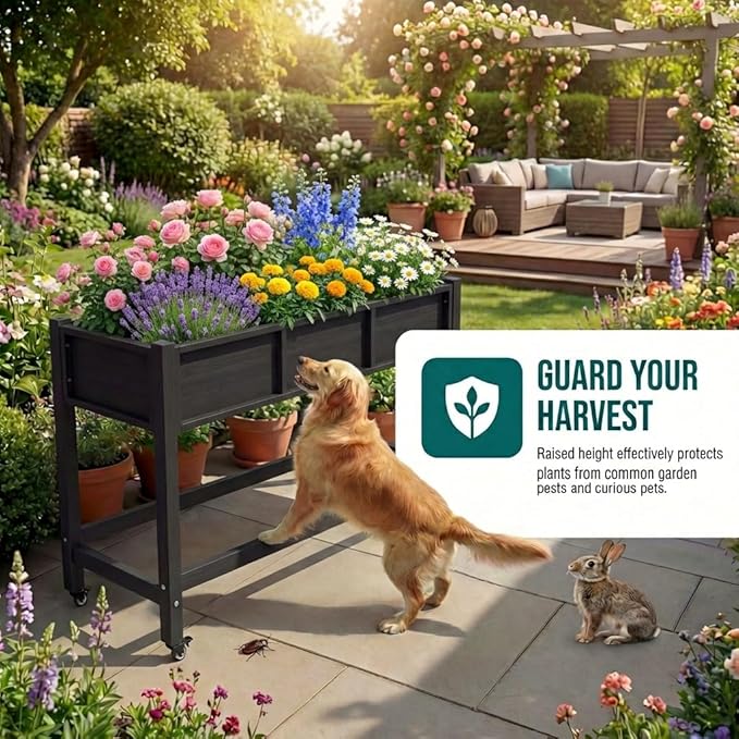 YITAHOME Raised Garden Bed HDPE, 47x18x31 in Raised Planter Box with Legs Poly-Wood Weather-Resistant Elevated Planter Box with Lockable Wheels for Vegetables, Herb Garden Bed, Black YITAHOME
