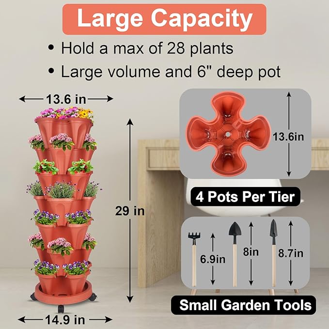 DUNCHATY Stackable Planters 7 Tier Vertical Garden Planting Tower Planters Strawberry, Herb, Flower, and Vegetable Planter Indoor Outdoor Gardening Pots with Removable Wheels and Tools, 2 Set DUNCHATY
