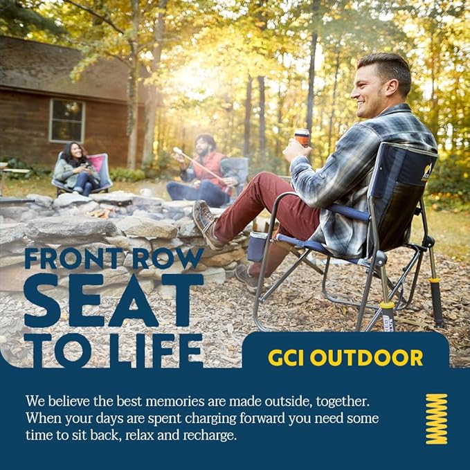 GCI OUTDOOR Freestyle Rocker with Side Table Camping Chair | Portable Folding Rocking Chair with Solid, Durable Armrests, Drink Holder & Comfortable Backrest — Heathered Indigo GCIOUTDOOR
