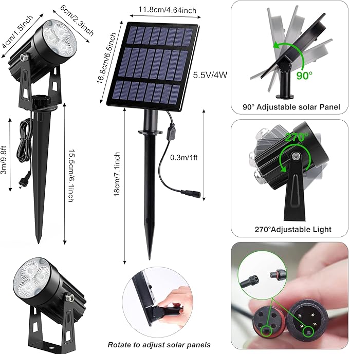 Solar Spot Lights Outdoor, 3-in-1 Garden Spotlights IP65 Waterproof 9.8ft Cable, 5W 4000mAh Separated Solar Panel, Auto On/Off for Tree Patio Yard Driveway Pathway Pool(Cold White 6000K) CREPOW