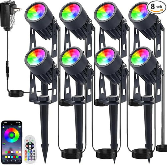 Smart RGB Low Voltage LED Spotlights, APP & Remote Control,Synchronous Dimming Lighting System, IP65 Waterproof,16 Million Colors for Outdoor Landscape,Yard,Garden,Holiday Decoration (8 Pack) Sathem