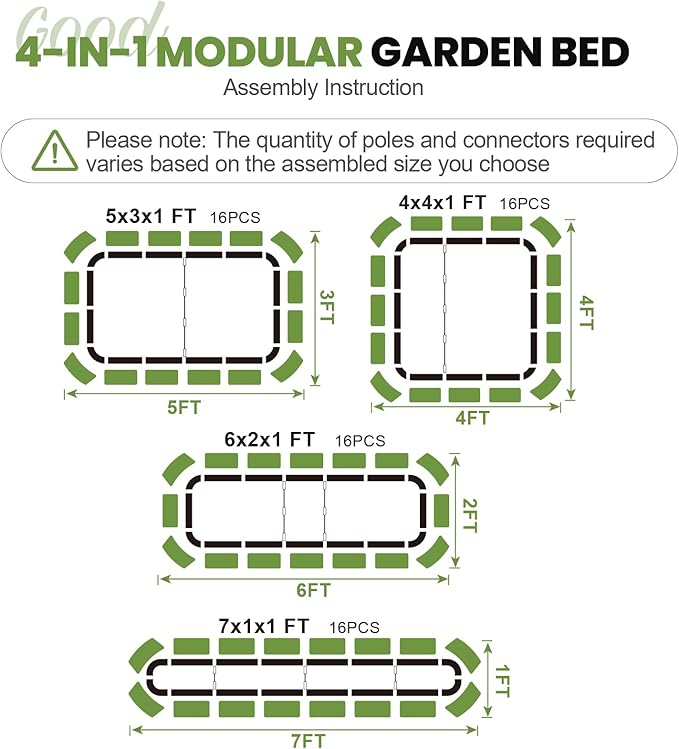 G GOOD GAIN 4-in-1 Adjustable Raised Garden Bed Kit | Galvanized Planter Boxes for Vegetables, Flowers | 12" Tall, Multiple Sizes (5x3x1ft, 4x4x1ft, 6x2x1ft, 7x1x1ft) | Outdoor Metal Raised Bed, Green GGOODGAIN
