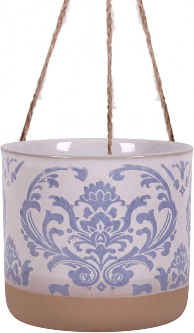 Blue Sky Clayworks 5" Hanging Chantel Blue Planter, Ceramic, 6" x 6" x 5", Soft Blue Damask & Clay Foot BlueSkyClayworks