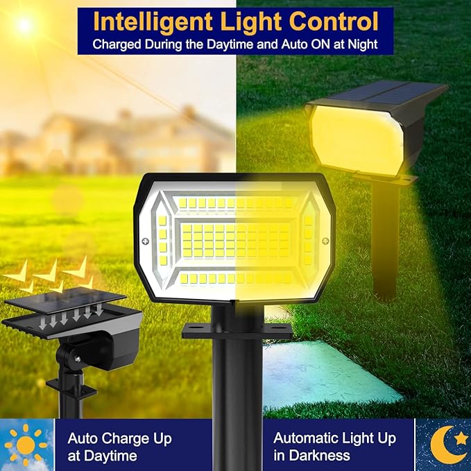 LOTMOS Solar Spot Lights Outdoor Waterproof IP67, 10 Pack Landscape Spotlights with 72 LEDs，3 Modes/ 2-in-1/Auto On/Off Solar Powered Flood Lights for Outside Garden Lawn Patio Driveway (Warm White) LOTMOS