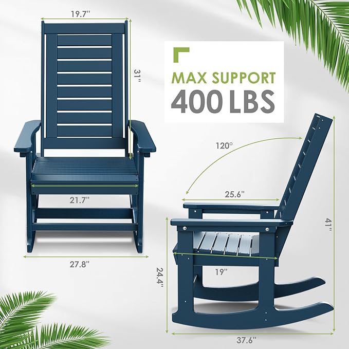 GREENVINES Outdoor Rocking Chairs | Porch Rocker | HDPE Plastic | Blue | Oversized Rockers | High Back | Big & Tall | Ladder Back | for Patio Outside Backyard Balcony Garden GreenVines