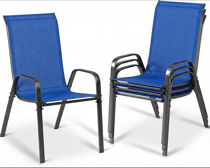 MAMIZO Patio Dining Chairs, Stackable All Weather Teslin Chair, Heavy Duty Outdoor Breathable Chairs Set, w/Armrests, Upgraded Chair FeetW/Strenthened Iron Spacers, 330 LBS (4, Navy Blue) MAMIZO
