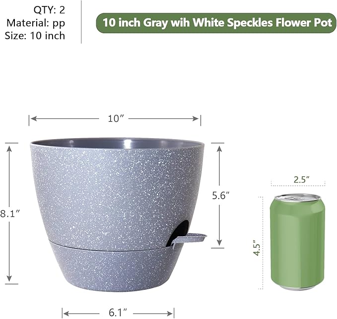 10 inch Self Watering Pots, Planter, Plant Pots with Mesh Drainage Holes for Indoor Outdoor House Plants and Garden, Set of 2 Plastic Flower Pots with Deep Reservoir, Speckled Grey WSMKSZ