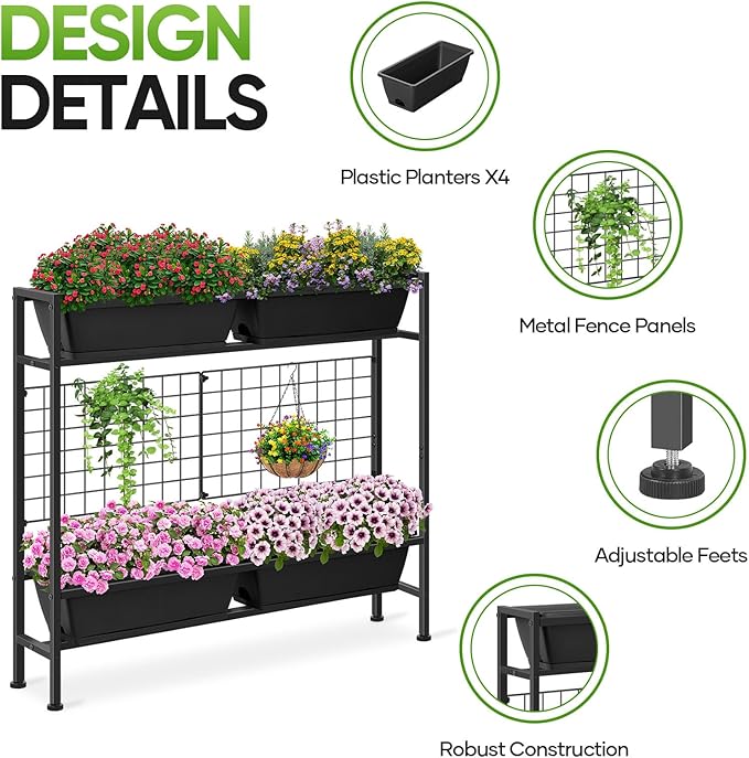 CADUKE Raised Garden Bed, Garden Raised Planter Box with Legs, 32" Elevated Vegetable Garden Beds with Drainage Holes & Trellis, Herb Garden Planter Outdoor for Vegetables, Balcony, Patio, Black CADUKE