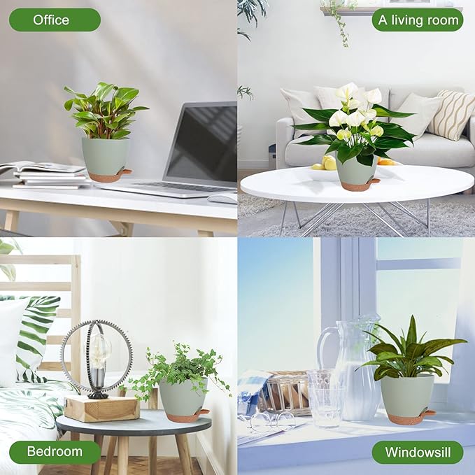 Planters for Indoor Plants, 8/7/6.5/6/5.5/5 Inch Self Watering Planters with Drainage Hole, Plastic Planters Flower Pots for Indoor Outdoor Plants (Green) Vanslogreen