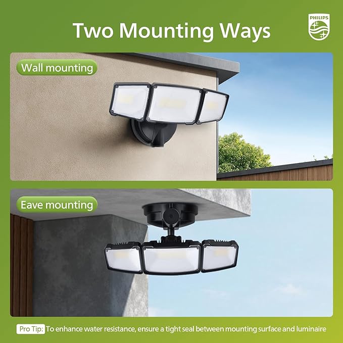 Philips 72W 7400LM LED Flood Lights Outdoor, Switch Controlled Aluminum Security Lights, 3 Adjustable Heads, Wall Mount, 5000K Daylight, Waterproof for Yard, Garage (2 Packs) PhilipsLightingLED