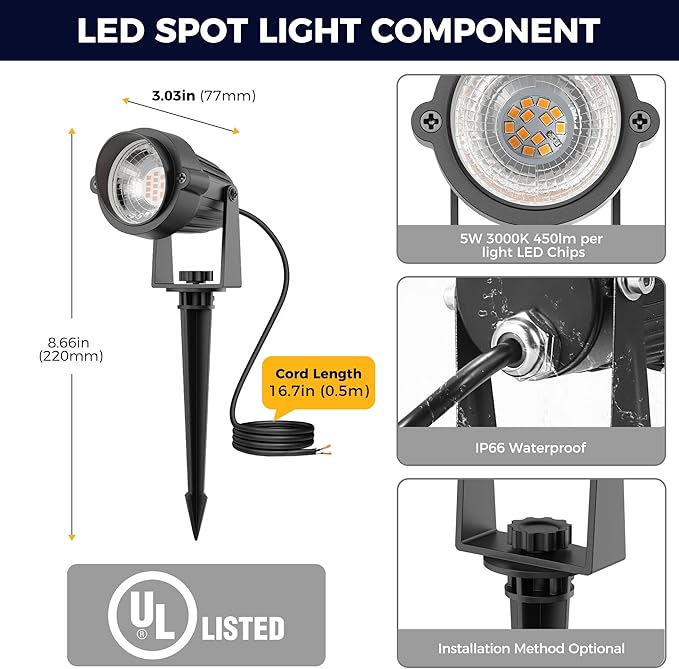 L LOHAS LED 5W Low Voltage Landscape Lighting, 12V 24V Outdoor Spot Lights with Connectors, IP66 Waterproof 3000K Warm White Plug in Spotlights for Yard, Garden, Pathway, House (4 Pack) LLOHASLED