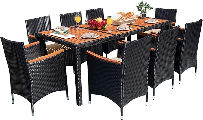 Devoko Outdoor Patio Dining Sets 9 Pieces Wicker Outdoor Dining Table and Chairs Set with Acacia Wood Table Top and Widened Armrests for Backyard, Garden, Deck (Black) DEVOKO