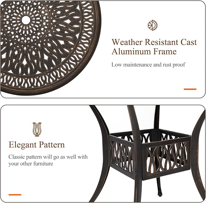 VINGLI 35.4' Dia Patio Dining Table with Umbrella Hole, Cast Aluminum Bistro Table for Outdoor Garden Use (35.4' Dia x 29.5' H) VINGLI