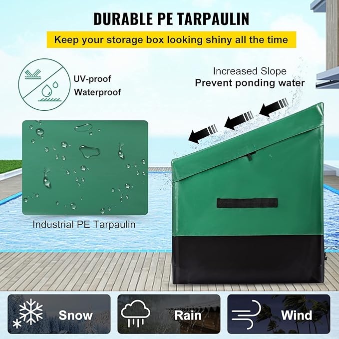 VEVOR Outdoor Storage Box, 100 Gallon Waterproof PE Tarpaulin Deck Box w/Galvanized Frame, All-Weather Protection & Portable, for Camping, Garden, Poolside, and Yard, Black & Green VEVOR