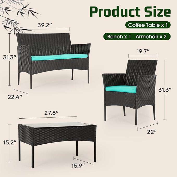 FDW | 4-Piece Patio Furniture Set | Blue | Outdoor Wicker Furniture with Coffee Table | Modern Rattan Chairs Conversation Set | Outdoor Seating | Weather-Resistant | for Porch, Garden, Lawn FDW