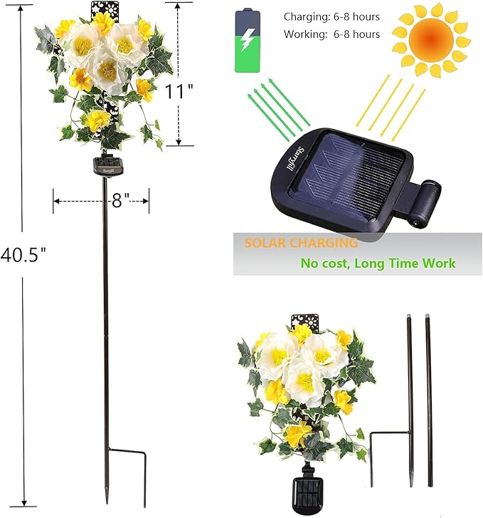 Starryfill Solar Memorial Cross Lights with 3 Flowers, LED Grave Maker, Waterproof Cemetery, 40.5 Inch High Remembrance Sympathy Gifts for Loved Ones Starryfill