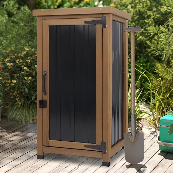Small Outdoor Storage Cabinet Waterproof with Metal Top, Wood & Metal Outside Potting Bench Table Tool Organizer with Adjustable Shelf for Patio Backyard Garden PETSCOSSET